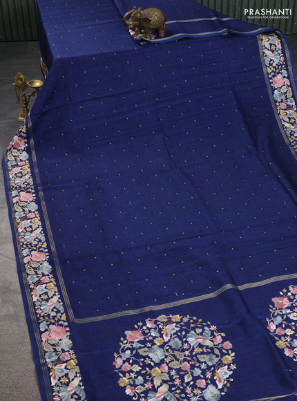 Semi tussar saree dark blue with zari woven buttas and zari woven embroidery butta border
