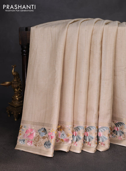 Semi tussar saree beige with zari woven buttas and zari woven embroidery butta border