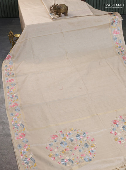 Semi tussar saree beige with zari woven buttas and zari woven embroidery butta border