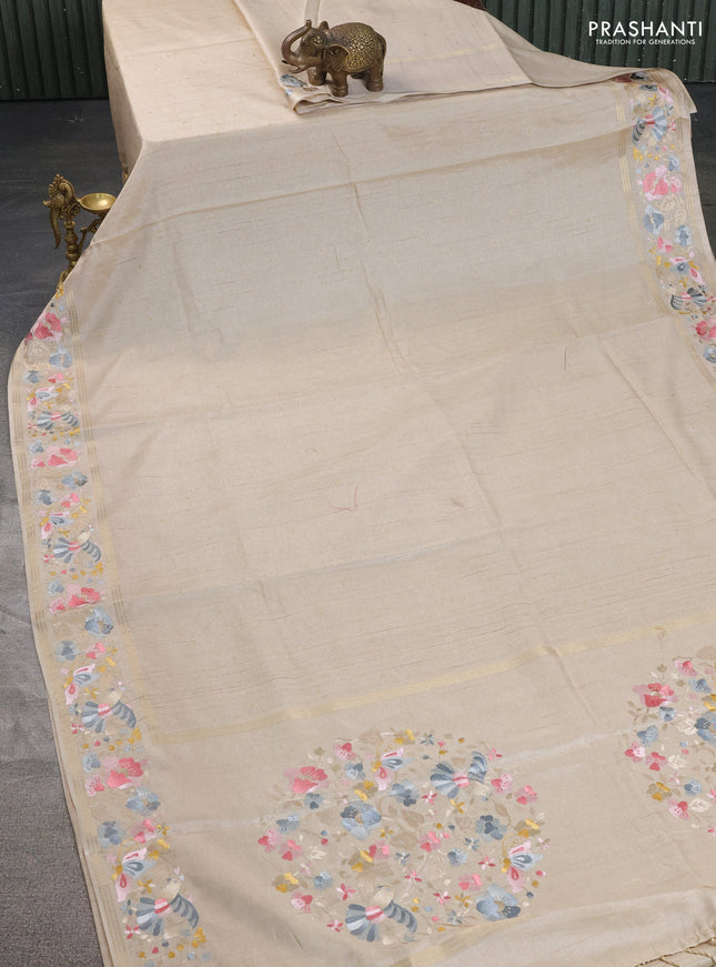 Semi tussar saree beige with zari woven buttas and zari woven embroidery butta border