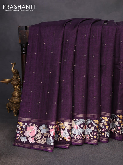 Semi tussar saree wine shade with zari woven buttas and zari woven embroidery butta border