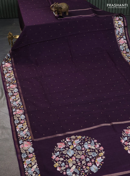 Semi tussar saree wine shade with zari woven buttas and zari woven embroidery butta border