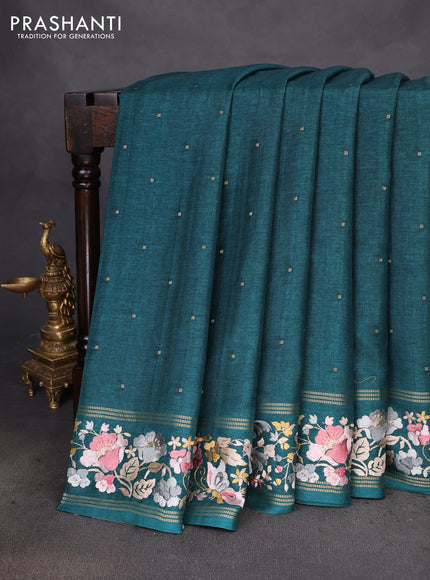 Semi tussar saree green with zari woven buttas and zari woven embroidery butta border