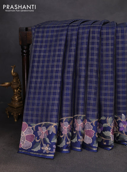 Semi tussar saree navy blue with allover zari checked pattern and embroidery border