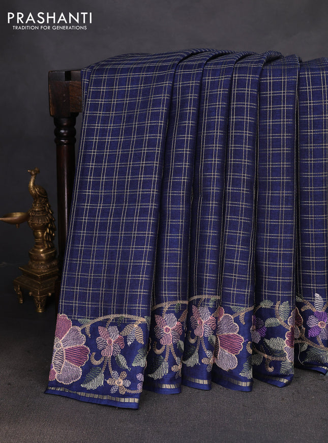 Semi tussar saree navy blue with allover zari checked pattern and embroidery border