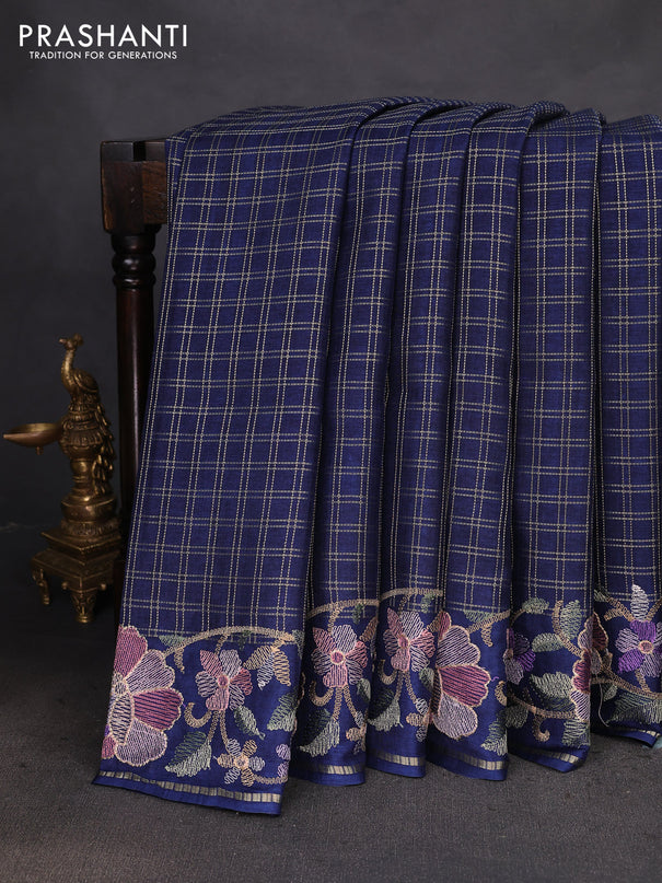 Semi tussar saree navy blue with allover zari checked pattern and embroidery border