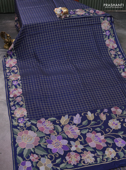 Semi tussar saree navy blue with allover zari checked pattern and embroidery border