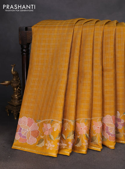 Semi tussar saree mustard yellow with allover zari checked pattern and embroidery border