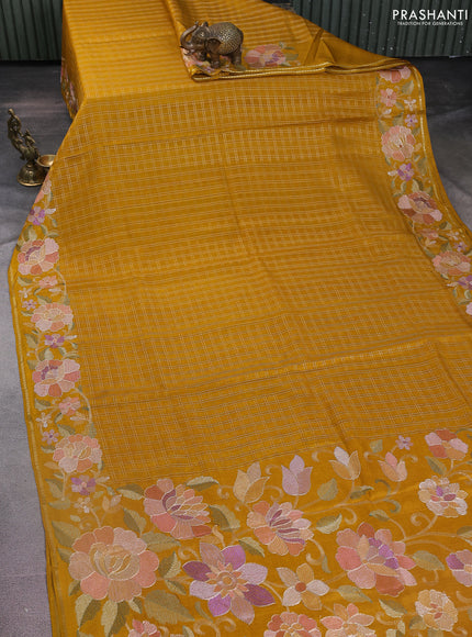 Semi tussar saree mustard yellow with allover zari checked pattern and embroidery border