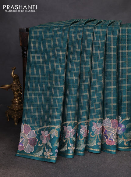Semi tussar saree green with allover zari checked pattern and embroidery border