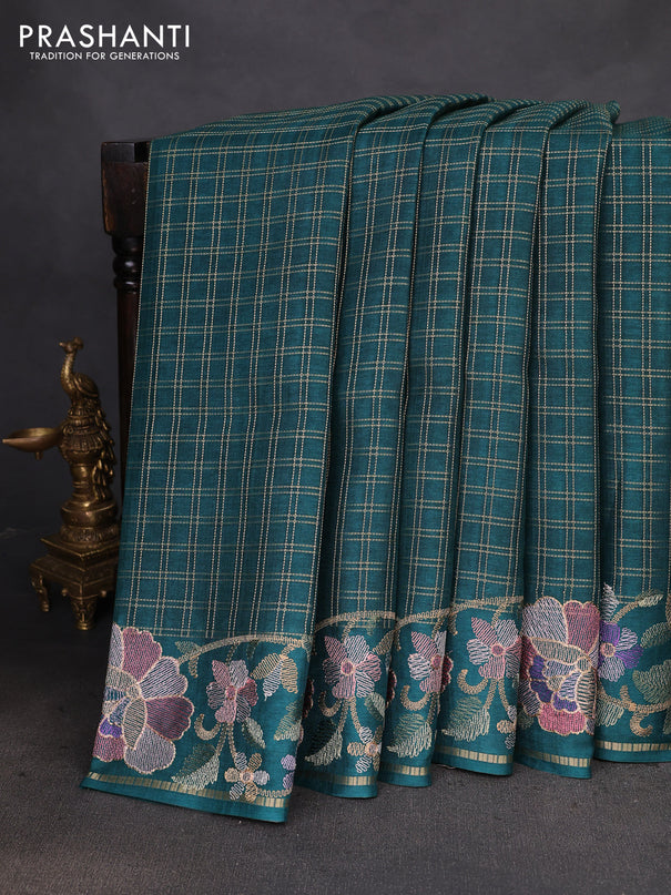Semi tussar saree green with allover zari checked pattern and embroidery border