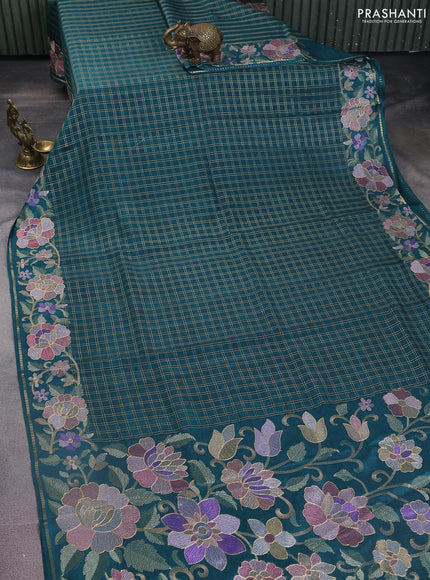 Semi tussar saree green with allover zari checked pattern and embroidery border
