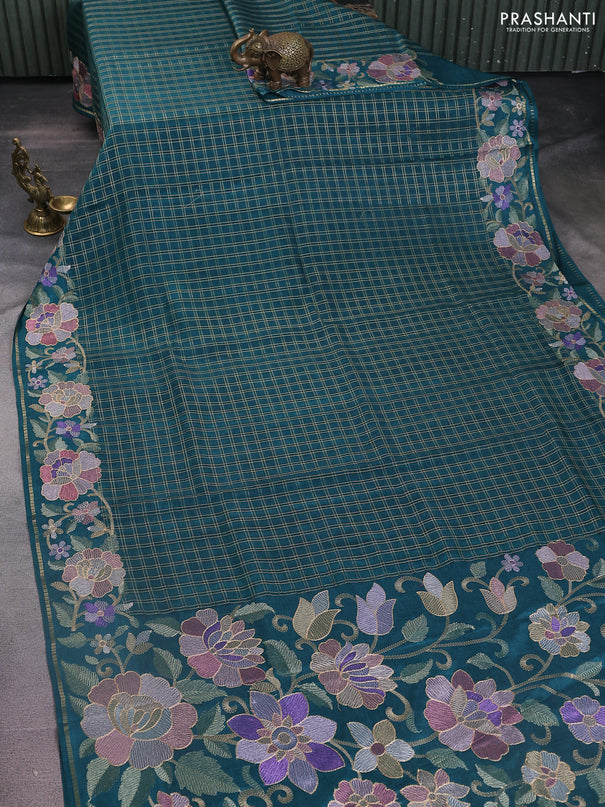 Semi tussar saree green with allover zari checked pattern and embroidery border