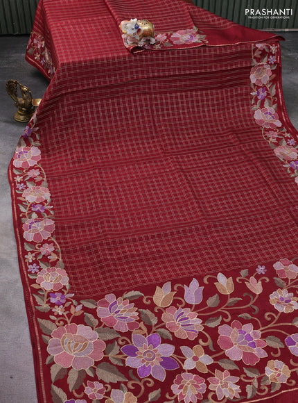 Semi tussar saree maroon with allover zari checked pattern and embroidery border