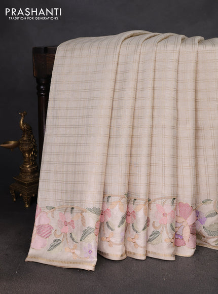 Semi tussar saree sandal with allover zari checked pattern and embroidery border