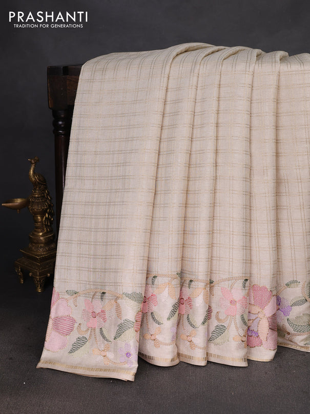 Semi tussar saree sandal with allover zari checked pattern and embroidery border