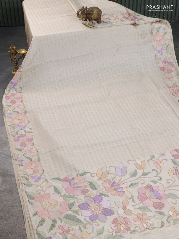 Semi tussar saree sandal with allover zari checked pattern and embroidery border