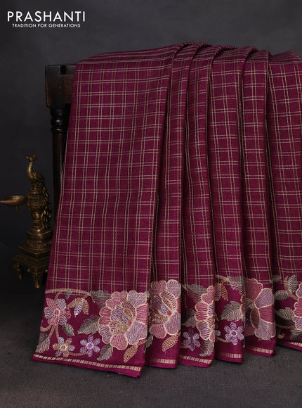 Semi tussar saree wine shade with allover zari checked pattern and embroidery border