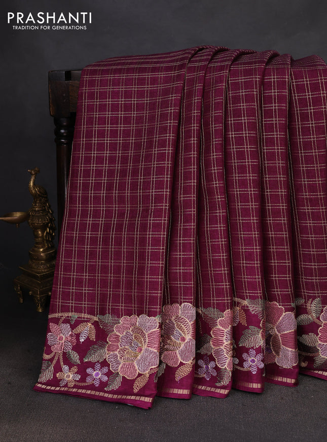 Semi tussar saree wine shade with allover zari checked pattern and embroidery border