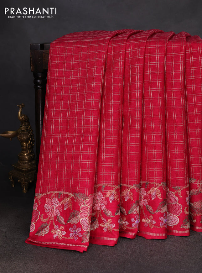Semi tussar saree pink with allover zari checked pattern and embroidery border