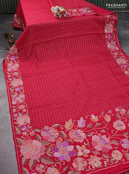 Semi tussar saree pink with allover zari checked pattern and embroidery border