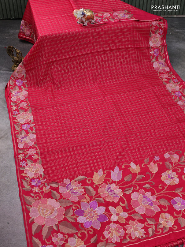 Semi tussar saree pink with allover zari checked pattern and embroidery border