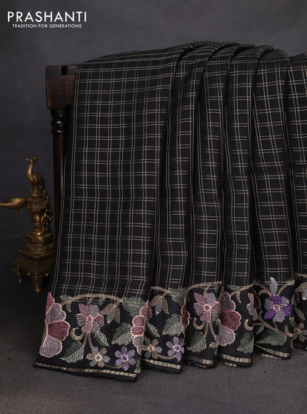 Semi tussar saree black with allover zari checked pattern and embroidery border