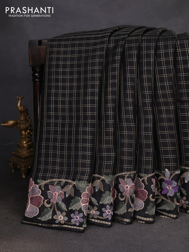 Semi tussar saree black with allover zari checked pattern and embroidery border