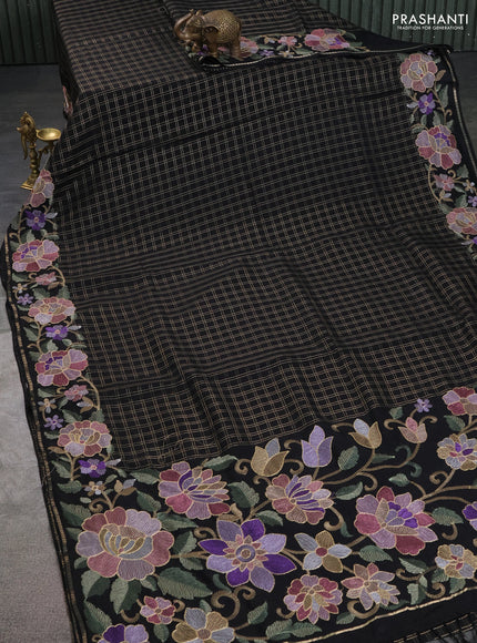 Semi tussar saree black with allover zari checked pattern and embroidery border