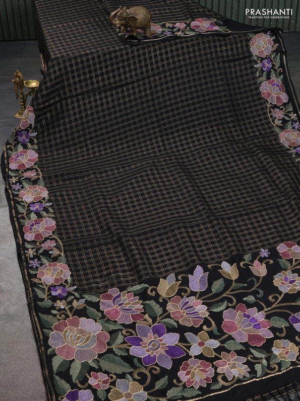 Semi tussar saree black with allover zari checked pattern and embroidery border