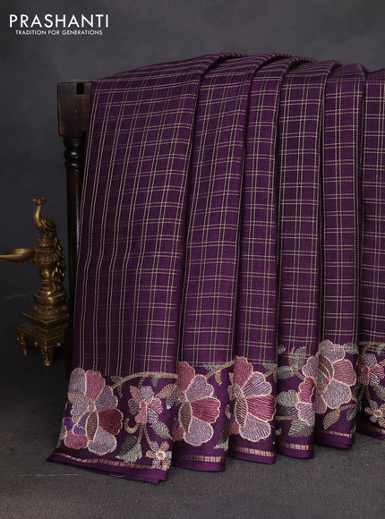 Semi tussar saree deep purple with allover zari checked pattern and embroidery border