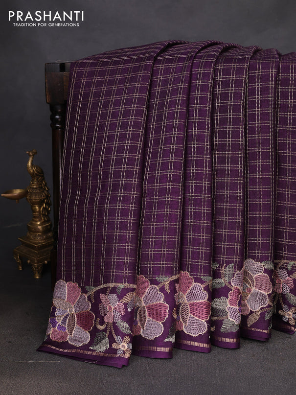 Semi tussar saree deep purple with allover zari checked pattern and embroidery border