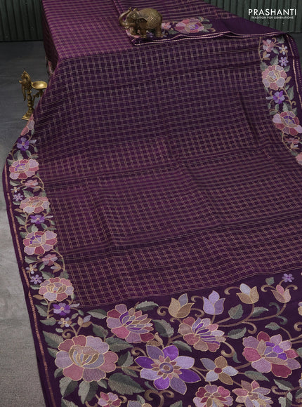 Semi tussar saree deep purple with allover zari checked pattern and embroidery border