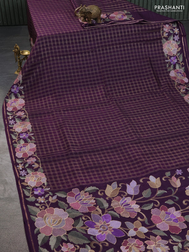 Semi tussar saree deep purple with allover zari checked pattern and embroidery border