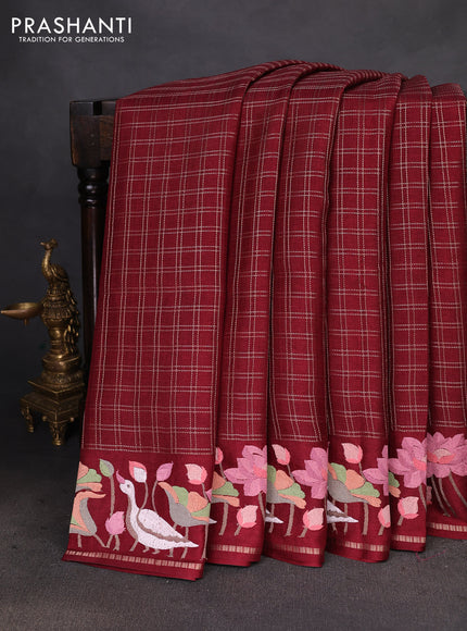 Semi tussar saree maroon with allover zari checked pattern and embroidery border