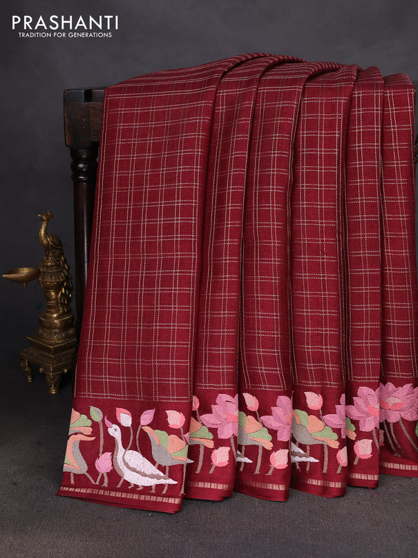 Semi tussar saree maroon with allover zari checked pattern and embroidery border