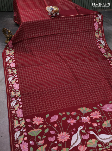 Semi tussar saree maroon with allover zari checked pattern and embroidery border