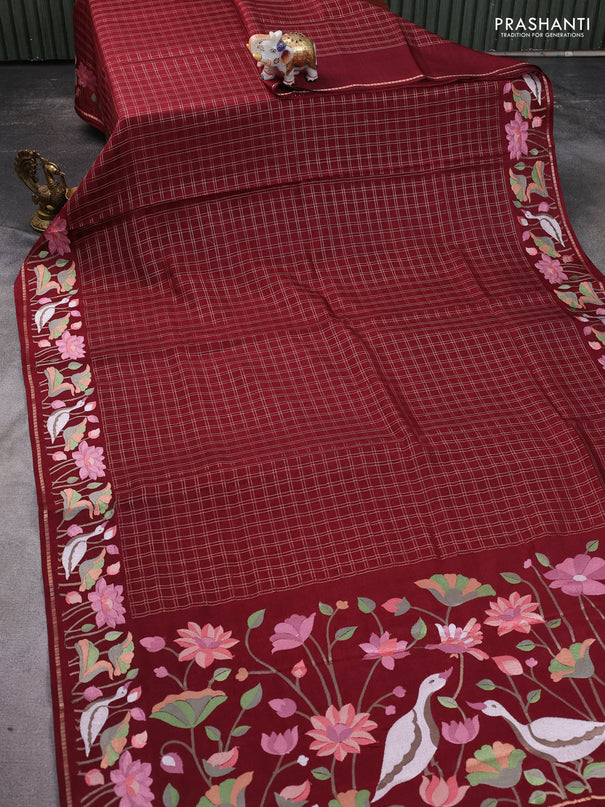 Semi tussar saree maroon with allover zari checked pattern and embroidery border