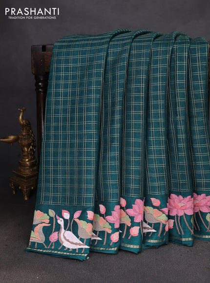 Semi tussar saree green with allover zari checked pattern and embroidery border