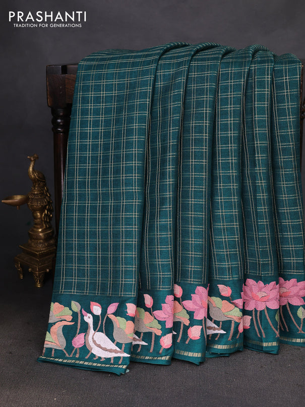 Semi tussar saree green with allover zari checked pattern and embroidery border