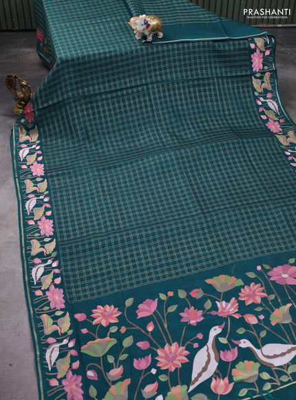 Semi tussar saree green with allover zari checked pattern and embroidery border
