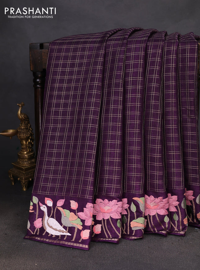 Semi tussar saree deep purple with allover zari checked pattern and embroidery border
