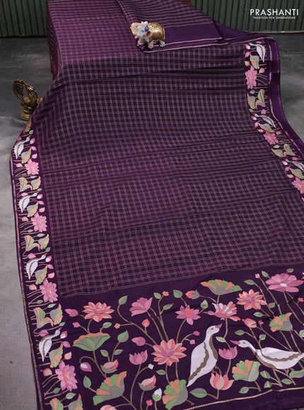 Semi tussar saree deep purple with allover zari checked pattern and embroidery border