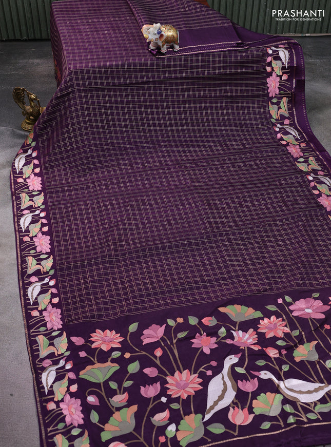 Semi tussar saree deep purple with allover zari checked pattern and embroidery border