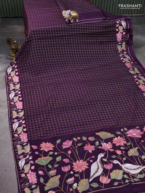 Semi tussar saree deep purple with allover zari checked pattern and embroidery border