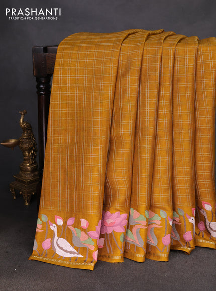 Semi tussar saree mustard yellow with allover zari checked pattern and embroidery border