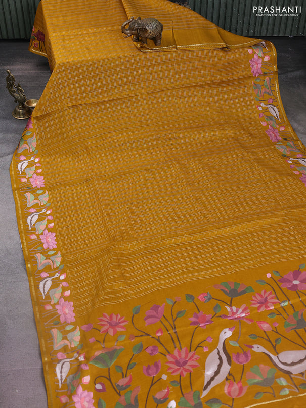 Semi tussar saree mustard yellow with allover zari checked pattern and embroidery border