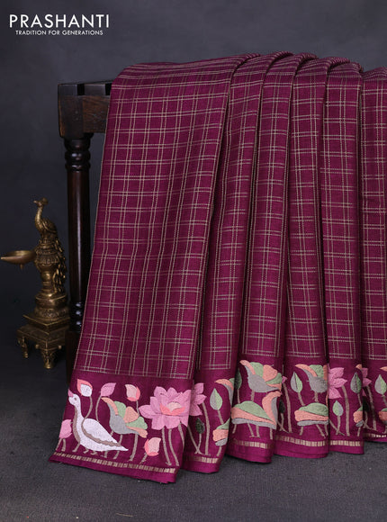 Semi tussar saree wine shade with allover zari checked pattern and embroidery border