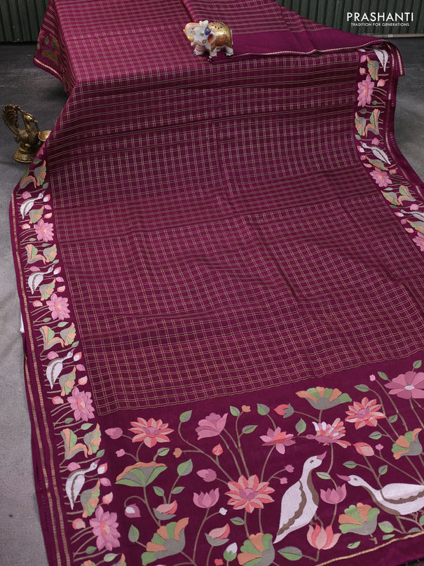 Semi tussar saree wine shade with allover zari checked pattern and embroidery border