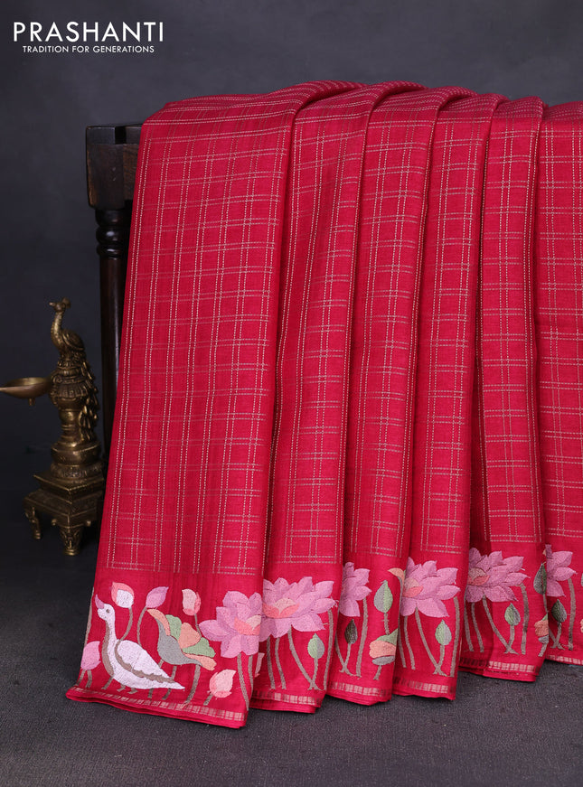 Semi tussar saree pink with allover zari checked pattern and embroidery border